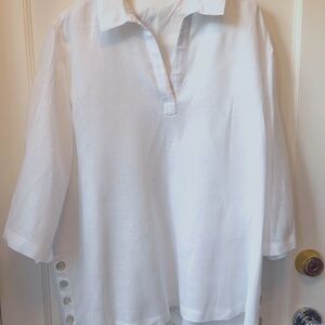 SIGRID OLSEN 1X WHITE LINEN TUNIC TOP SIDE BUTTON DETAIL